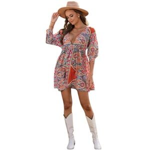 🌹NWT:BOHO MULTI COLORED V NECK 3/4 SLEEVE DRESS